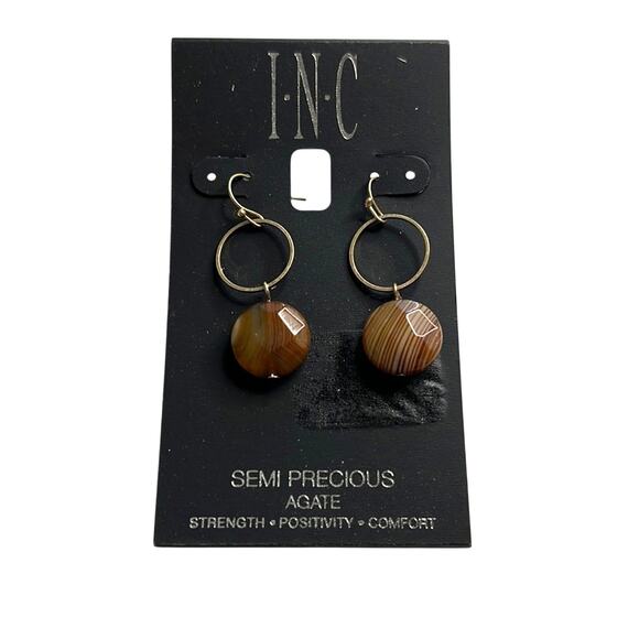 INC International Concepts Gold Dangle Earrings w/ Agate Stone, NWT - Picture 1 of 3